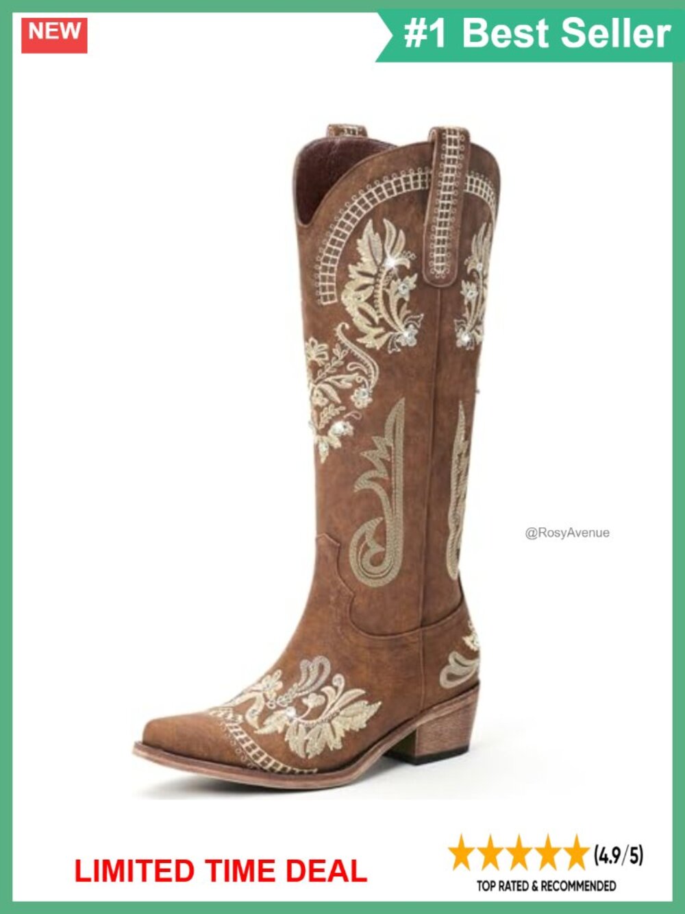 Lumeheel Women's Knee High Western Cowboy Boots Rhinestone Pointed Toe